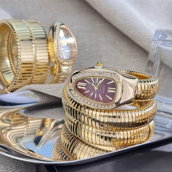 Serpenti Snake Wrap Elegant Gold Women's Watch with Burgundy Dial - Picture 3 of 4